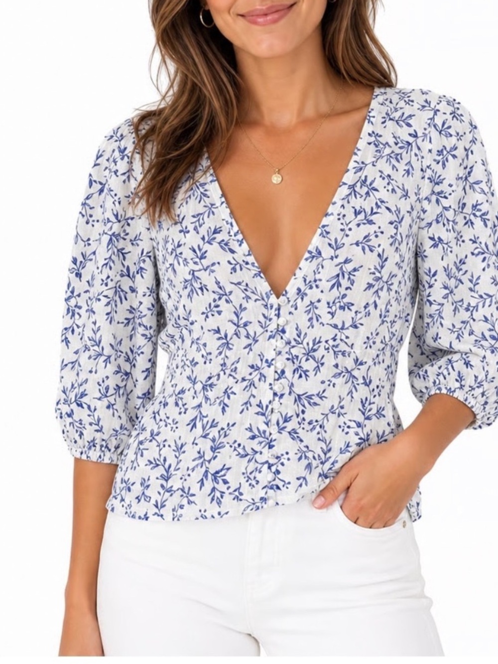 HM Blue Floral Linen Blend Puff
Sleeve V-Neck Button Front
Blouse
